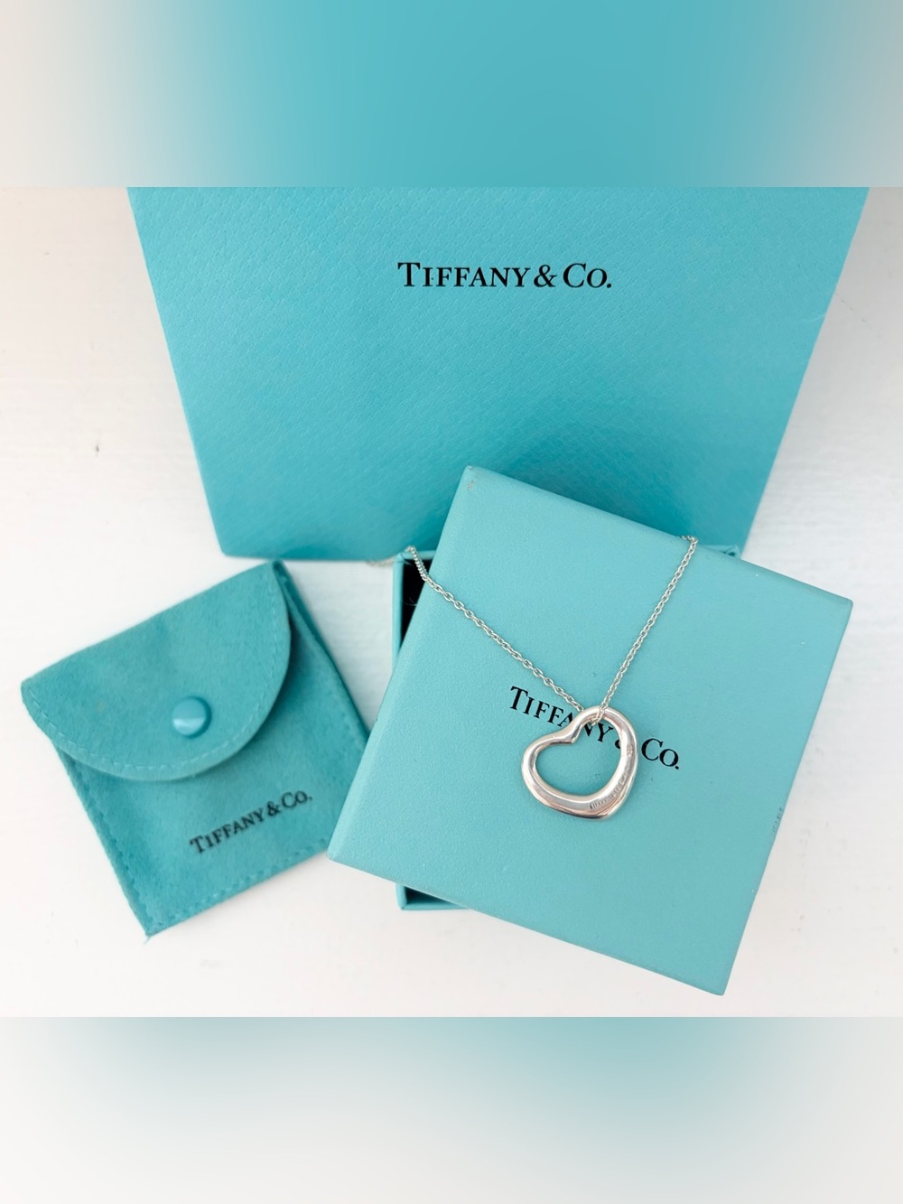 Auth Tiffany & Co Elsa Peretti Large 22mm Open Heart Silver 16” Necklace
